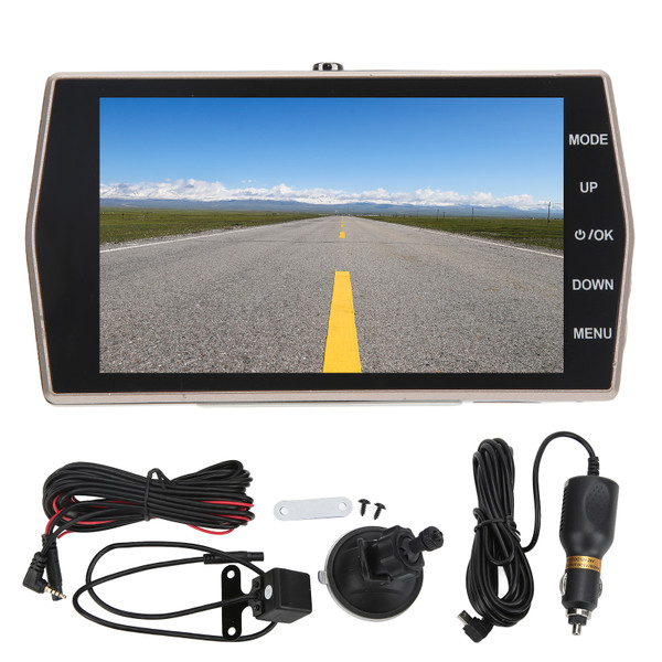 Car Driving Recorder DVR 4in IPS Screen 170° Wide Angle Dual Lenses 1080P Universal Black