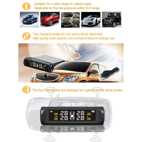 Car TPMS Tire Pressure Monitoring System Solar Charging HD Digital LCD Display Auto Alarm System Wireless