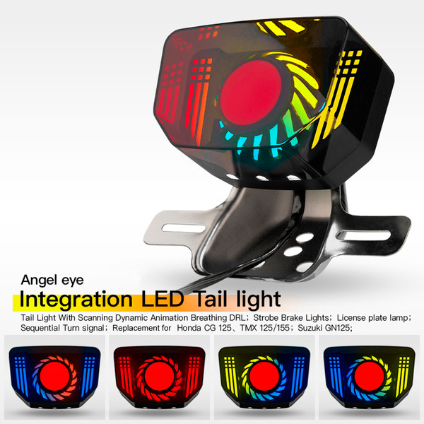 LED Tail Light with Scanning Dynamic Animation Breathing DRL, Motorcycle Strobe Brake Light License Plate Lamp Replacement for Honda CG, CD, CT, PH TMX (Iron Bracket, Blue Running Light)