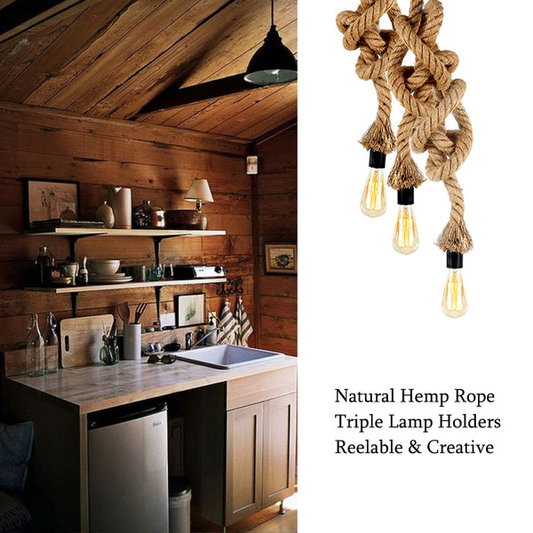 Tomshine 1.5M AC 220-240V Triple E27 Holders 3 Heads Hemp Rope Pendant Light Ceiling Lamp Creative Personality Industrial Vintage  Country Style for Restaurant Cafe Bar Home Decoration