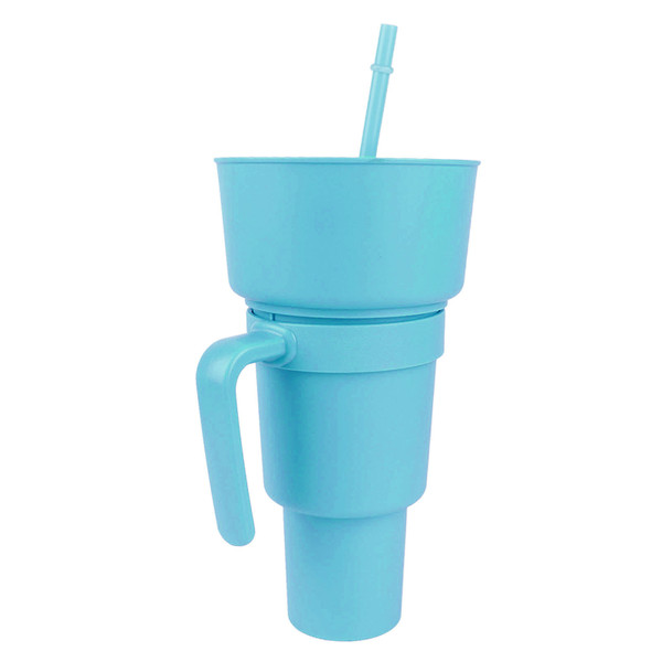2 In 1 Snack Drink Cup with Straw Large Opening Plastic Beverage Cup Top Snack Bowl for Movie Theater Home Travel Light Blue