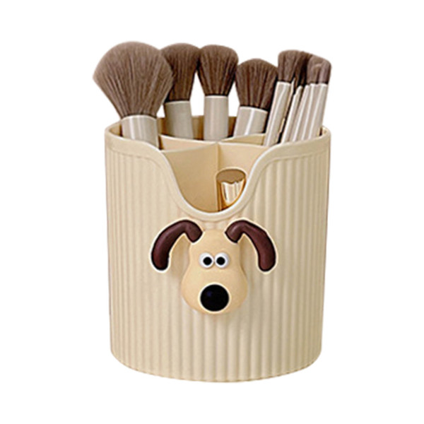 Desk Pencil Pen Holder 4 Compartments Large Capacity Cute School Supplies Makeup Brush Organizer Milky Yellow Dog Head