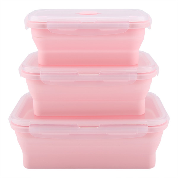 Portable Silicone Lunch Box Set Folding Microwave Safe Lunchbox Food Container Pink