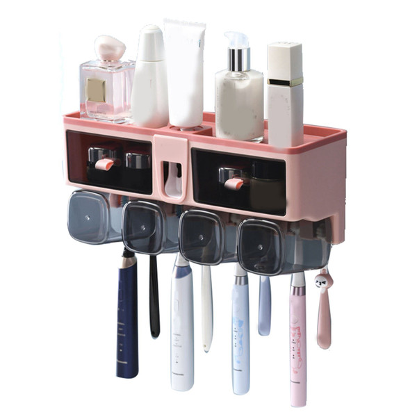 Toothbrush Shelf Punch Free Wall Mounted Mouthwash Cup Holder Toilet Storage Rack Pink 4 Cups