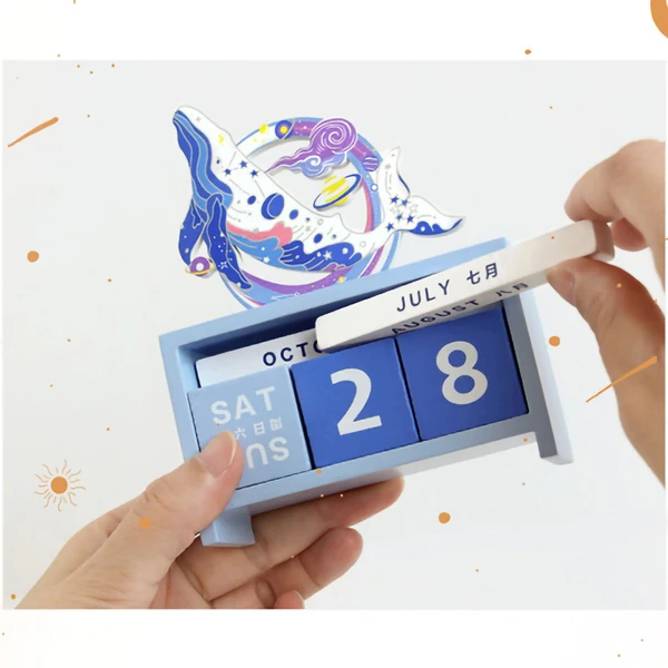 Desk Calendar Wood Home Decoration Perpetual Date Manual Reusable Block Present Gift Whale
