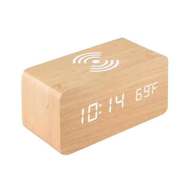 Digital Wooden Alarm Clock Electronic LED Time Display for Bedroom 10W Wireless Charging 3 Alarm Settings Date&Temp Display, Yellow