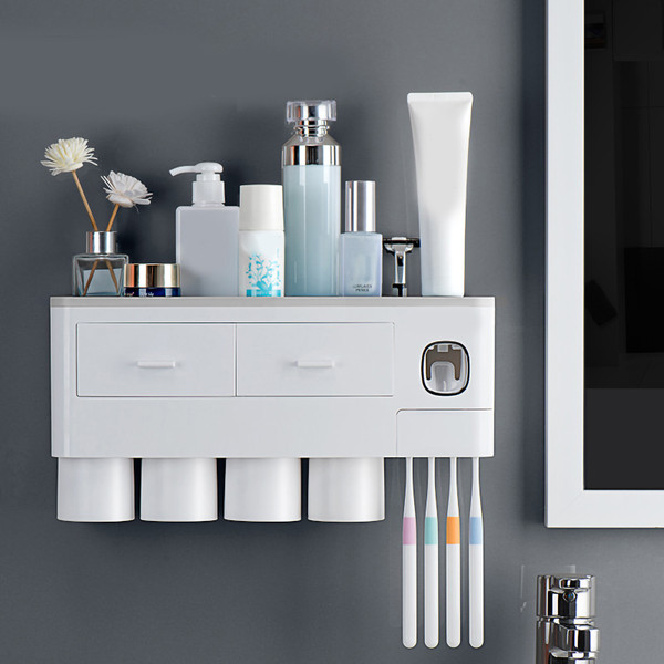Toothbrush Storage Rack Inverted Magnetic Adsorption Toothbrush Holder Toothpaste Squeezer 4 Grey Cups