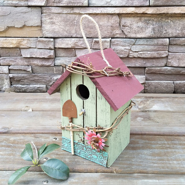 Hanging Bird House Decor Wooden Red Roof Hanging Birdhouse Decorative Outdoor Garden