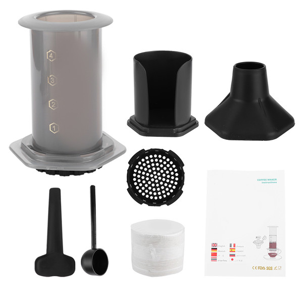 Portable Integrated Coffee Press Maker with 400Pcs Filter Paper for Home Office UseBlack