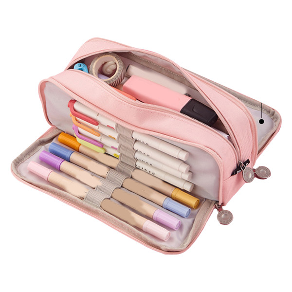 Pencil Pouch With 3 Compartments Large Capacity Double Opening Soft Canvas Dustproof Zipper Pencil Case for Students Pink