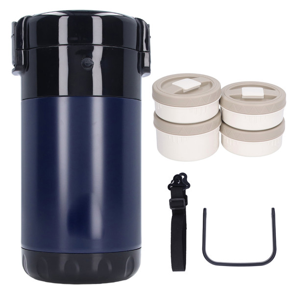 2.6L Thermal Food Container 304 Stainless Steel 4 Layers Vacuum Bento Lunch Box with Handle for School Work TravelDark Blue