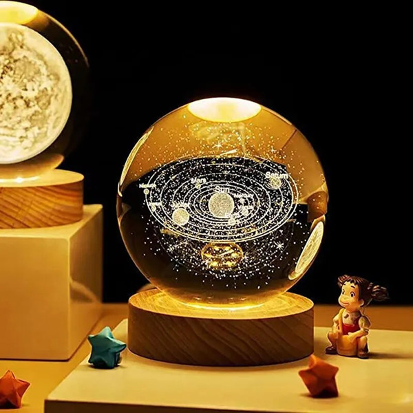 3D Galaxy Crystal Ball Lamp Lasers Engraving Night Light with Wooden Base for Bedroom Decor, Holiday Gifts