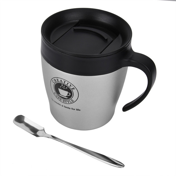 Stainless Steel Insulated Coffee Mug Water Cup with Spoon and Lid for Office Travel(Silver)