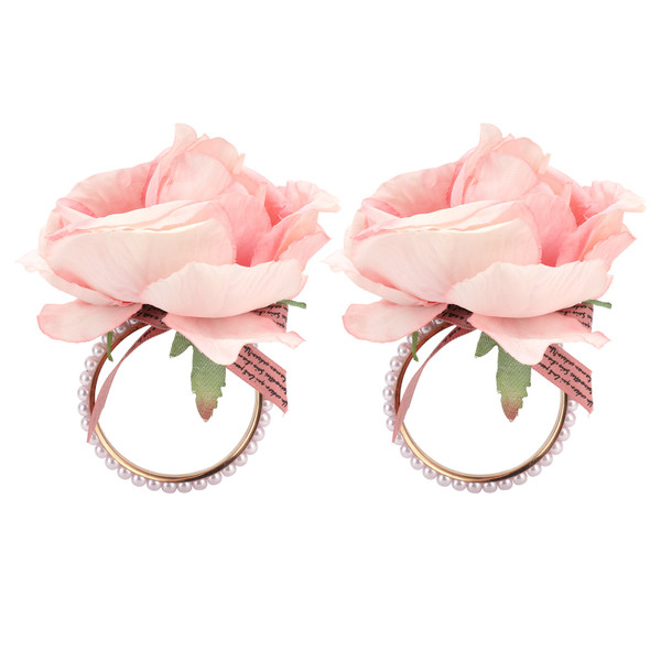 2Pcs Iron Napkin Buckle Simulation Flower Artificial Pearl Napkin Ring for Hotel FestivalPink