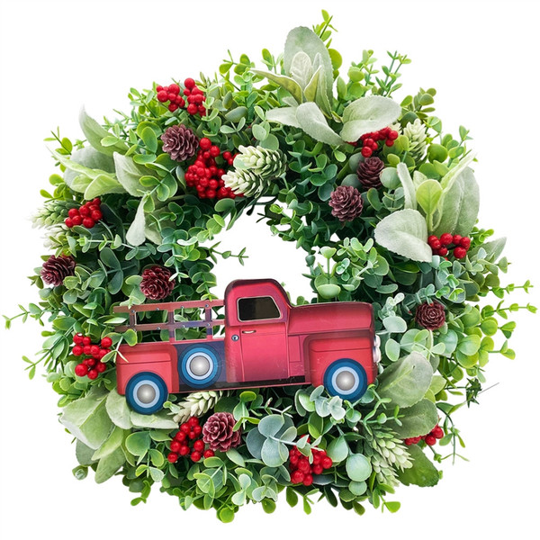 Christmas Truck Berry Wreath for Front Door Artificial Red Truck Pinecone Wreath Holiday Hanging Wreath for Indoor Outdoor Decor
