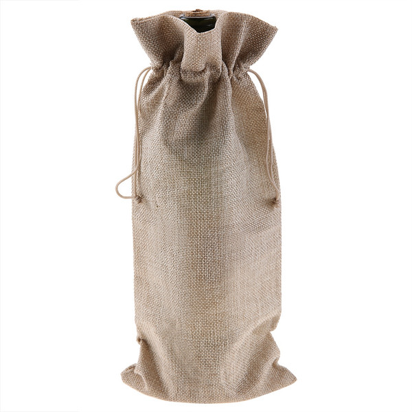 12pcs Simple Linen Fabric Wine Bag with Drawstring Champagne Decorative Cover (Beige)