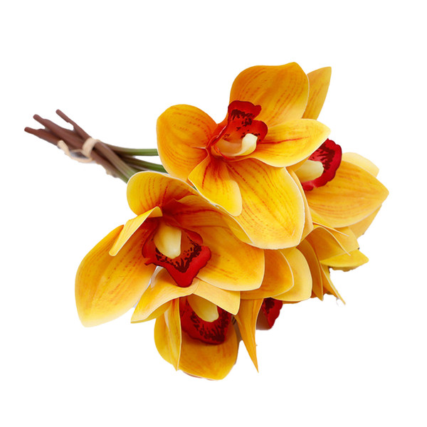 6 Stem Faux Orchid Decor 3D Printed Silk Flowers Iron Wire Stem Orchid Floral Decorations for Weddings Parties Yellow