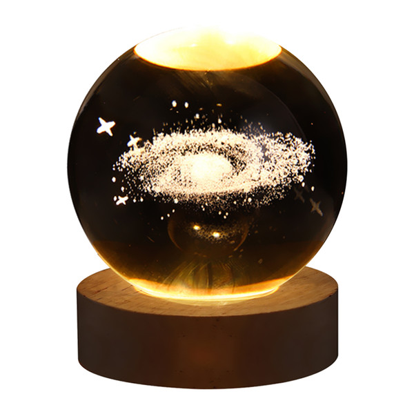 3D Crystal Ball Night Light Inner Carved Luminous Glass Ball Ornament with Wooden Base for Home Decor