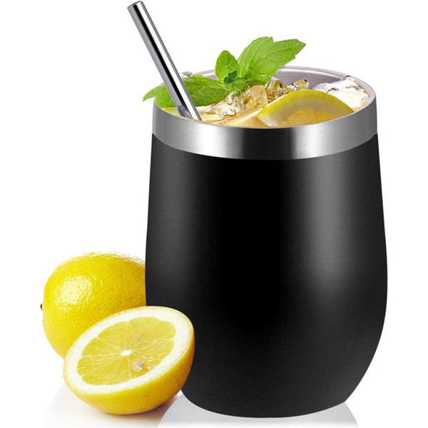 12oz 304 Stainless Steel Eggshell Cup Set U Shape Big Belly Wine Insulation Cup with Straw Cup Cover Brush Black