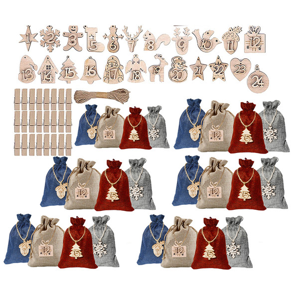 24 Advent Calendar for Filling Bags DIY Christmas Drawstring Gift Bag with Clips and Hemp Rope for Christmas Decoration Party Favor