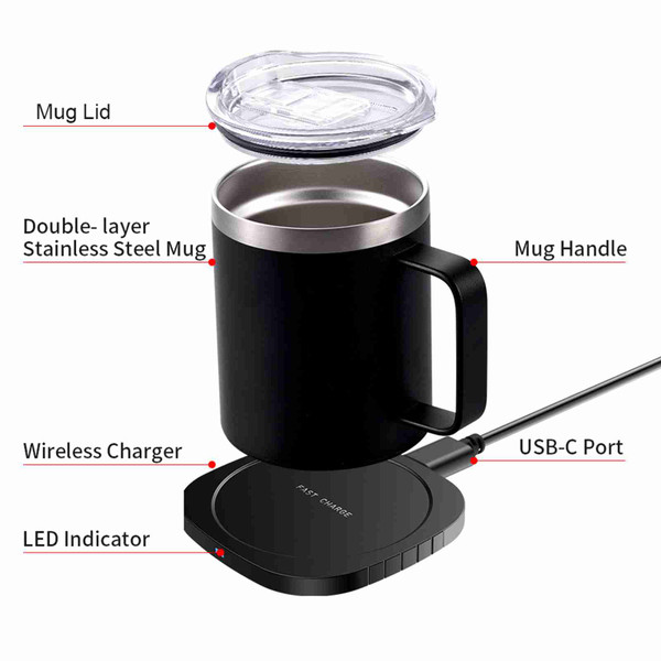 Coffee Mug Warmer 2 in 1 Wireless Charging 55℃/131℉ Intelligent Constant Temperature Mug Warmer for Home