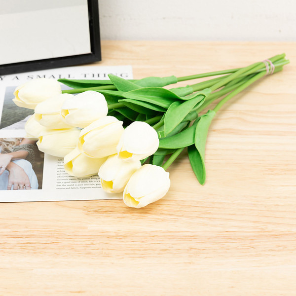 Artificial Flowers Mini PU Tulips Bouquet Faux Plants for Wedding Room Home Hotel Party Event Decor Milky White