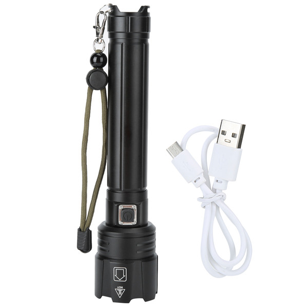 P90 Super Bright IPX4 Waterproof LED Flashlight USB Charging Zoom Tactics Torch with Power Display for Outdoor CampingBlack