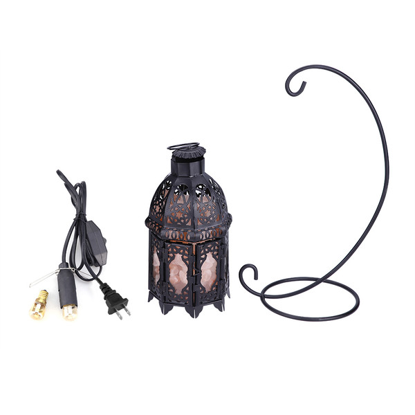 Vintage Iron Frame Natural Crystal Salt Rock Lamp Air Purifier Room Night Light Decor (Black)