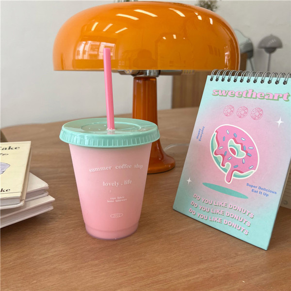 Plastic Coffee Cup Large Capacity Cute Water Cup With Straw Lid for Summer Cold Drinking Summer Coffee Shop 470ml