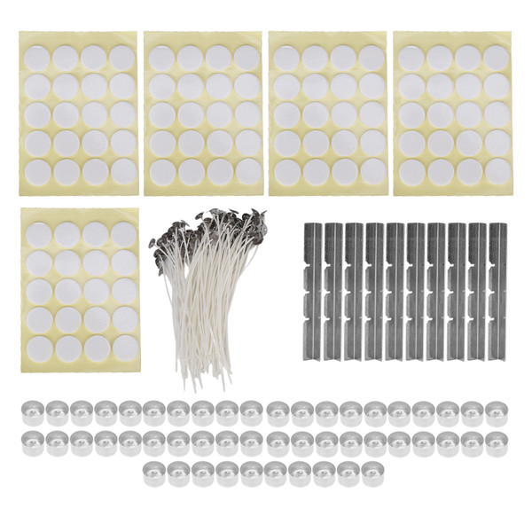 260pcs 15cm Candle Wicks 100Pcs Double Sided Tape Stickers 50Pcs Candle Shells 10Pcs Stainless Steel Wicks Holders23g Aluminum Shell Yellow