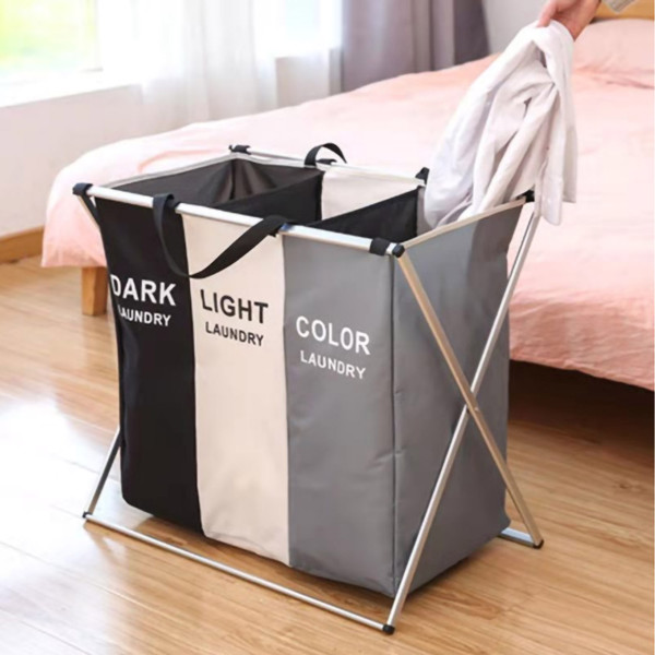 Collapsible Laundry Baskets Oxford Fabric Collapsible Design Soft Handle Easy Installation Durable Clothes Hamper 3 Compartments Black, Beige and Gray (No Cover) 38x65x58