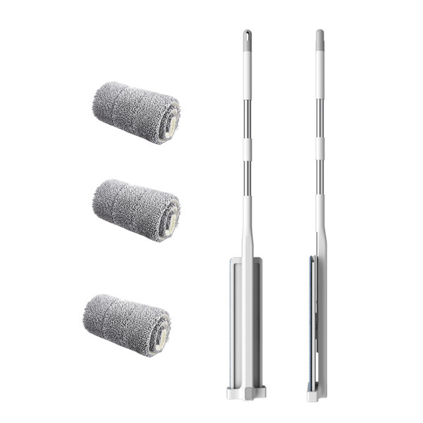 Microfiber Flat Mop Hand Wash Free Long Handle Large Flat Mop Dry Wet Use Floor Cleaning Tool White 32 Plate Set with 3 Cloth