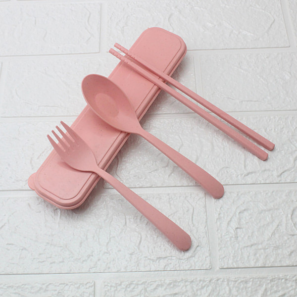 Wheat Stalk Cutlery Set Dinner Chopsticks Spoon Fork Set Portable Utensils with Case for Home Office TravelPink