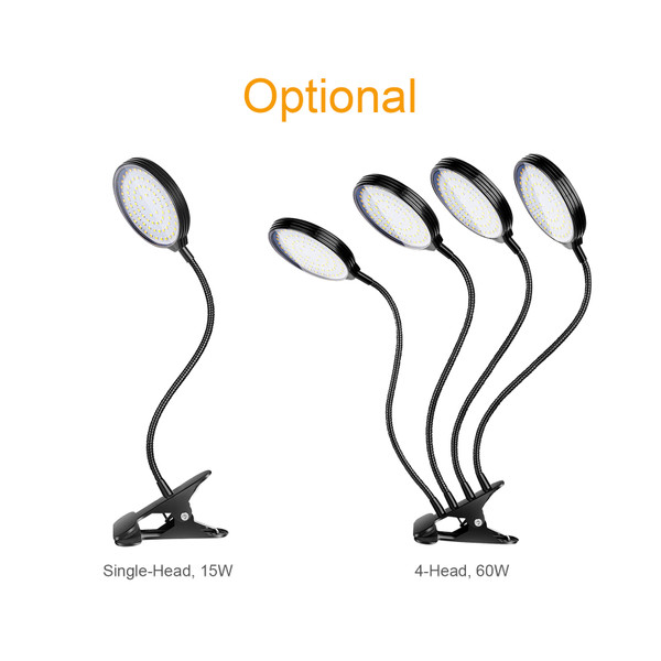 LED Grow Light for Indoor Plants 15W Red & Blue LEDs Auto On & Off with 4/ 8/ 12H Timer 3 Light Modes 5 Brightness Levels IP66 Waterproof Clip-On Desk Plant Growing Lamps for Seedlings