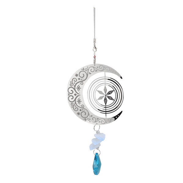 Rotating Wind Chime Stainless Steel Moon Shaped Decorative Cabin Wind Chime for Home Silver