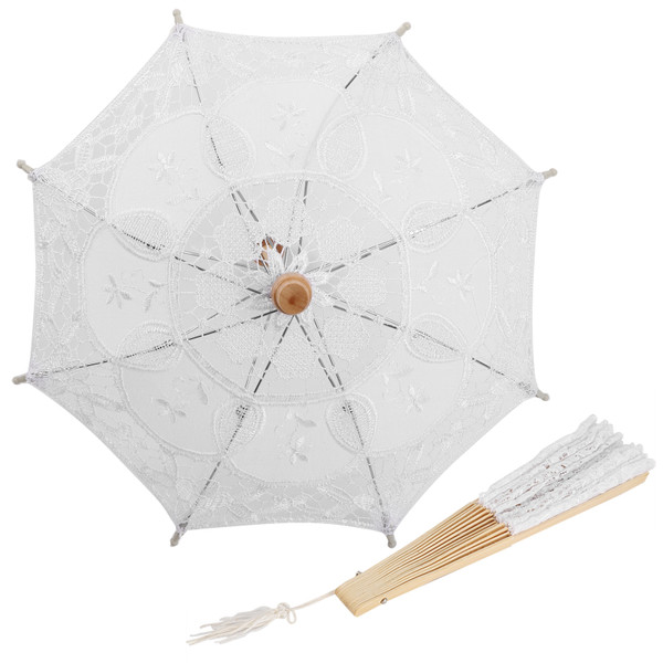 Lace Umbrella + Fan Parasol for Lady Women Party Decor Dancing Photography Prop