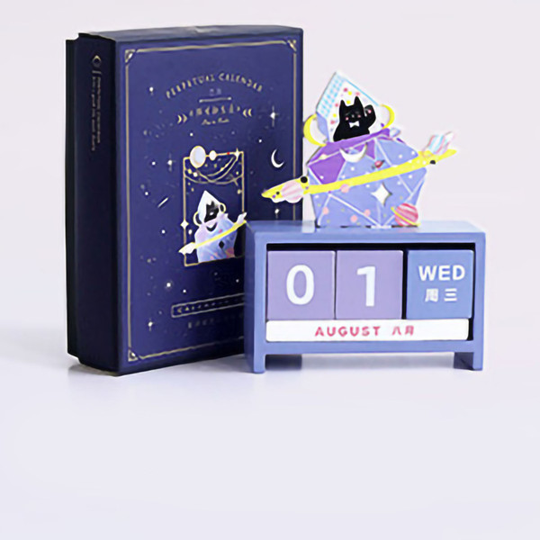 Desk Calendar Wood Home Decoration Perpetual Date Manual Reusable Block Present Gift Cat