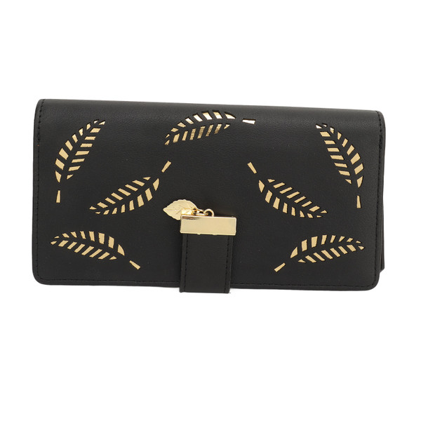Women Long Wallet Large Capacity PU Leather Hollow Leaf Pattern Lady Purse for Cash Cards Coins Black