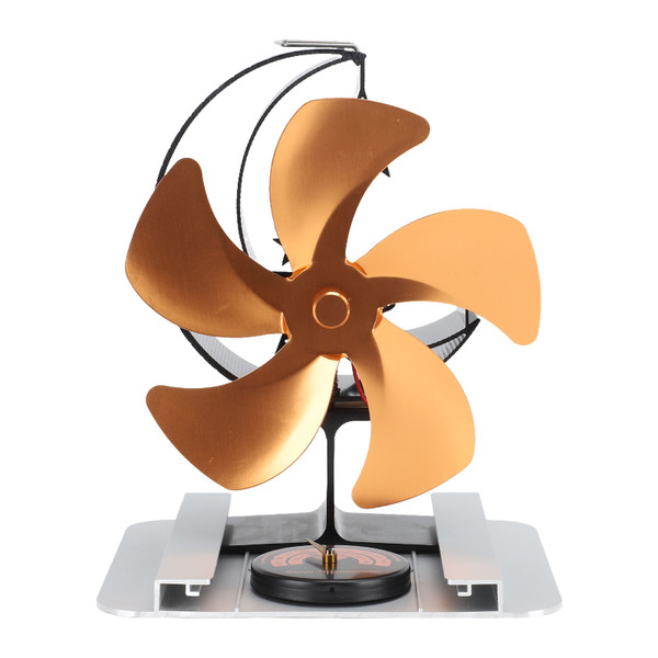 5 Blades Wood Stove Fan With Heat Shield Thermometer Aluminum Alloy Quiet Operation Heat Powered Fireplace Fan Gold