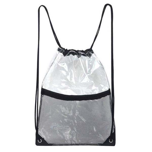 Portable Clear Drawstring Bag PVC Drawstring Backpack with Front Zipper Mesh Pocket