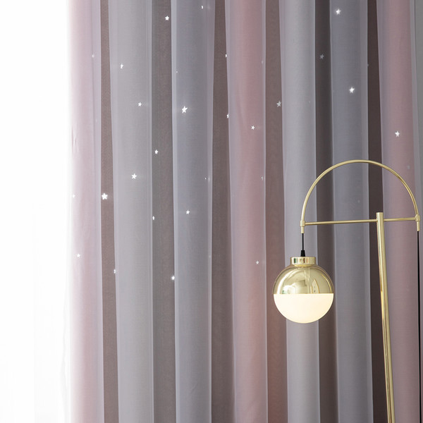 2pc Curtain Simple Gradient Hollow-out Star Pattern Double Layer Blackout Bedroom Living Room Insulation Curtain