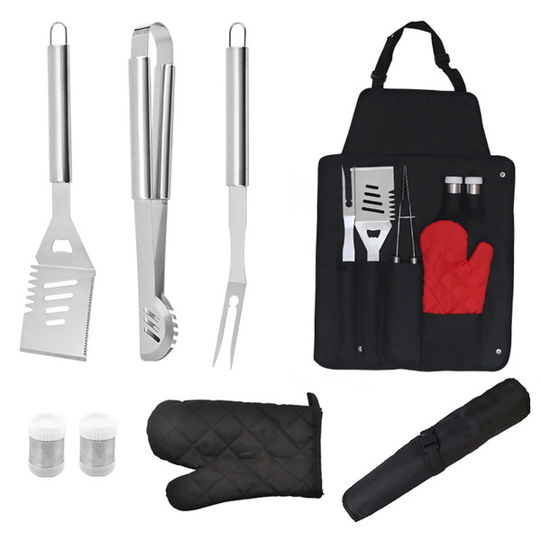 8PCS Barbecue Tools Set Stainless Steel with Storage Bag Apron Grilling Accessories for Outdoor Indoor Party Camping Black Gloves