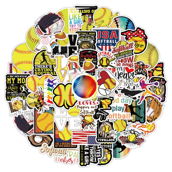 100 Pcs Softball Stickers Waterproof Vinyl Softball Stickers for Water Bottle Laptop Guitar Computer Skateboard Phone Cup Luggage