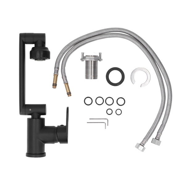 Bathroom Faucet Black Single Handle Stretching Rotary Water Tap with Hose for Kitchen Bathroom G1/2