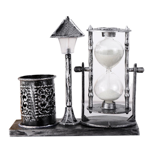 Vintage Pen Holder Innovative White Color Light Hourglass Street Lamp Pen Holder for Office Silver