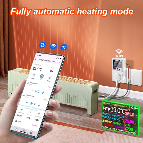 Smart Backlit Digital Temperature Controller LCD Screen APP Control Auto Heating Cooling Power-off Programmable Smart Wi-Fi Thermostats Timer with Sensor Probe for Home Reptile Incubator Greenhouse