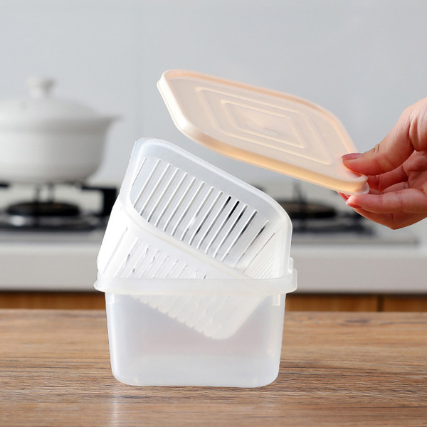 Food Preservation Box Transparent Double Layer Vegetable Drain Box for Household KitchenBeige