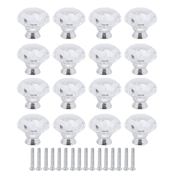 16Pcs Crystal Glass Cabinet Knob Diamond Shape 40mm Drawer Cupboard Handle Pull