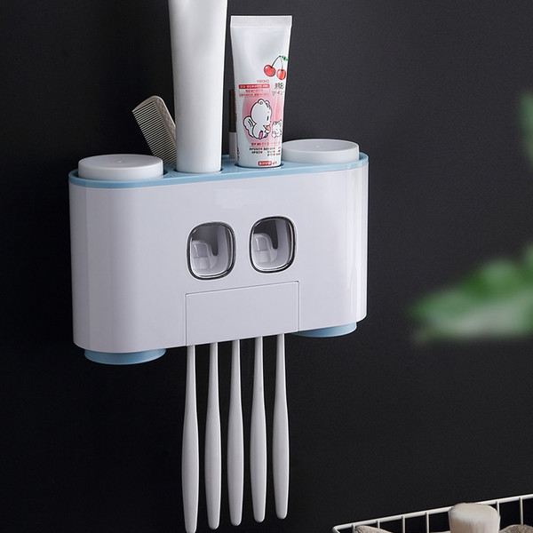 Wall-Mounted Toothbrush Holder Toiletries Storage Rack with 2 Toothpaste Dispensers 4 Cups and 5 Toothbrush Slots