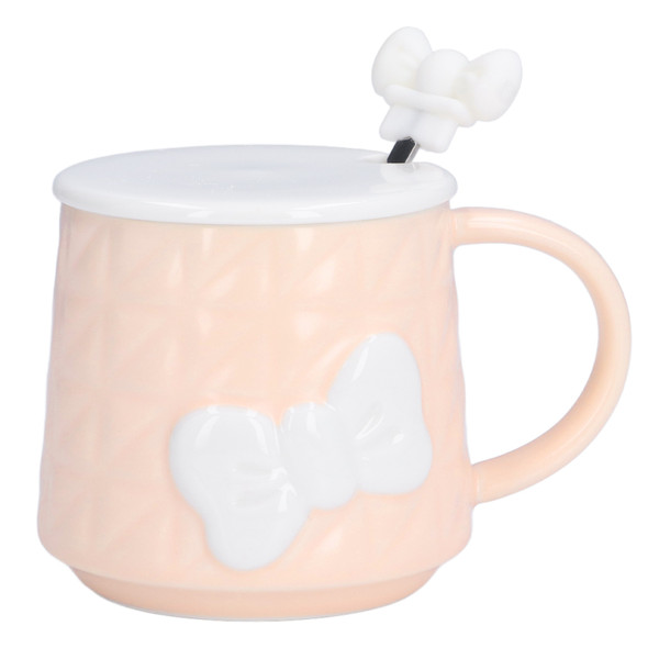 400ml Cute Bowknot Ceramic Tea Milk Water Cup Coffee Mug with Lid Stainless Steel Spoon for Home Holiday GiftsOrange